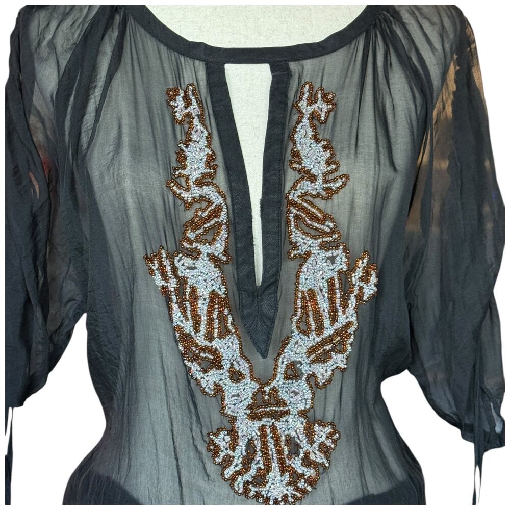 Gold Hawk Vintage Beaded Blouse Silk Sheer Black Top Boho  L - Picture 4 of 15